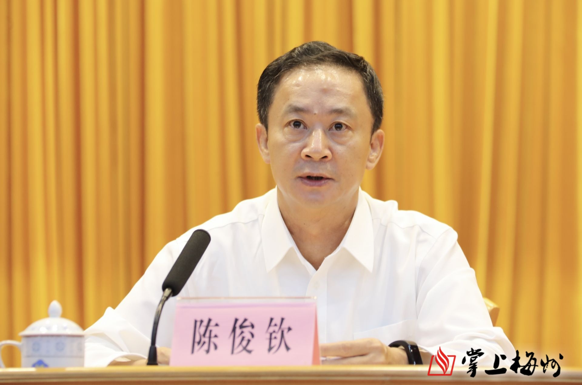 蒋万军宣读《关于通报表扬梅州市扫黑除恶专项斗争先