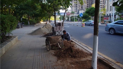 梅水路人行道正铺植草砖，客商大会召开前完工