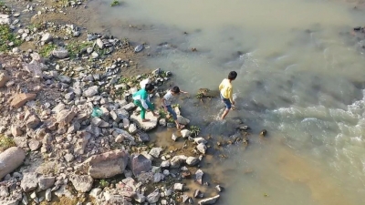3个男孩在汤坑黄埔桥附近河段嬉戏玩耍，太危险！