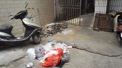 美苑市场公厕入口垃圾堆积，晾晒家禽毛异味重