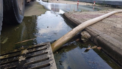 梅城一围蔽工地积水如“湖泊”，溢出路面蚊虫乱飞