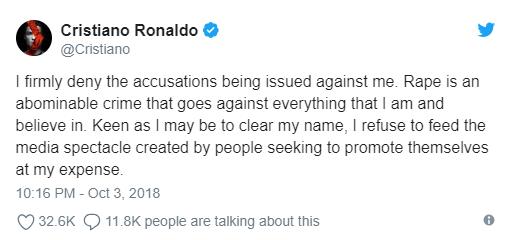 C罗坚决否认强奸指控：那是可恶的罪行 我有良心