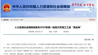 人社部发布2019年第一批拖欠农民工工资“黑名单”