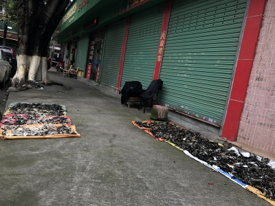 得人恼！梅城三板桥一商铺路边晒鸭毛惹蝇虫纷飞