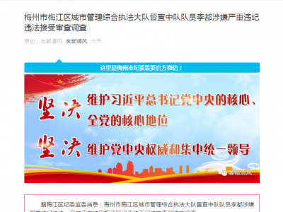 梅江区城综执法大队督查中队队员李都涉嫌严重违纪违法接受审查调查