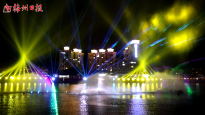 梅州V视丨蕉岭县石窟河全息3D激光水秀进入常态开放阶段