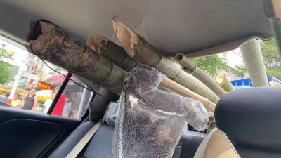 与死神擦“脸”而过！一辆轿车遭后方货车所载竹子“破窗而入”，所幸...