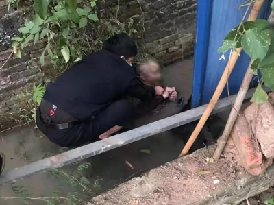 惊险！老人失足掉入臭水沟...