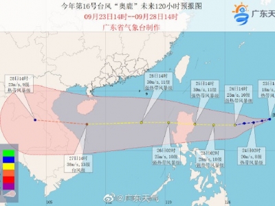 台风“奥鹿”加强为强热带风暴级，25日起将影响南海