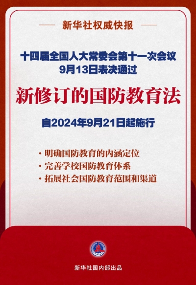 国防教育法完成修订，将于9月21日起施行