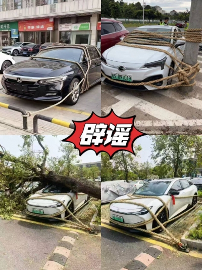 为防台风车辆“五花大绑”？图都是假的！